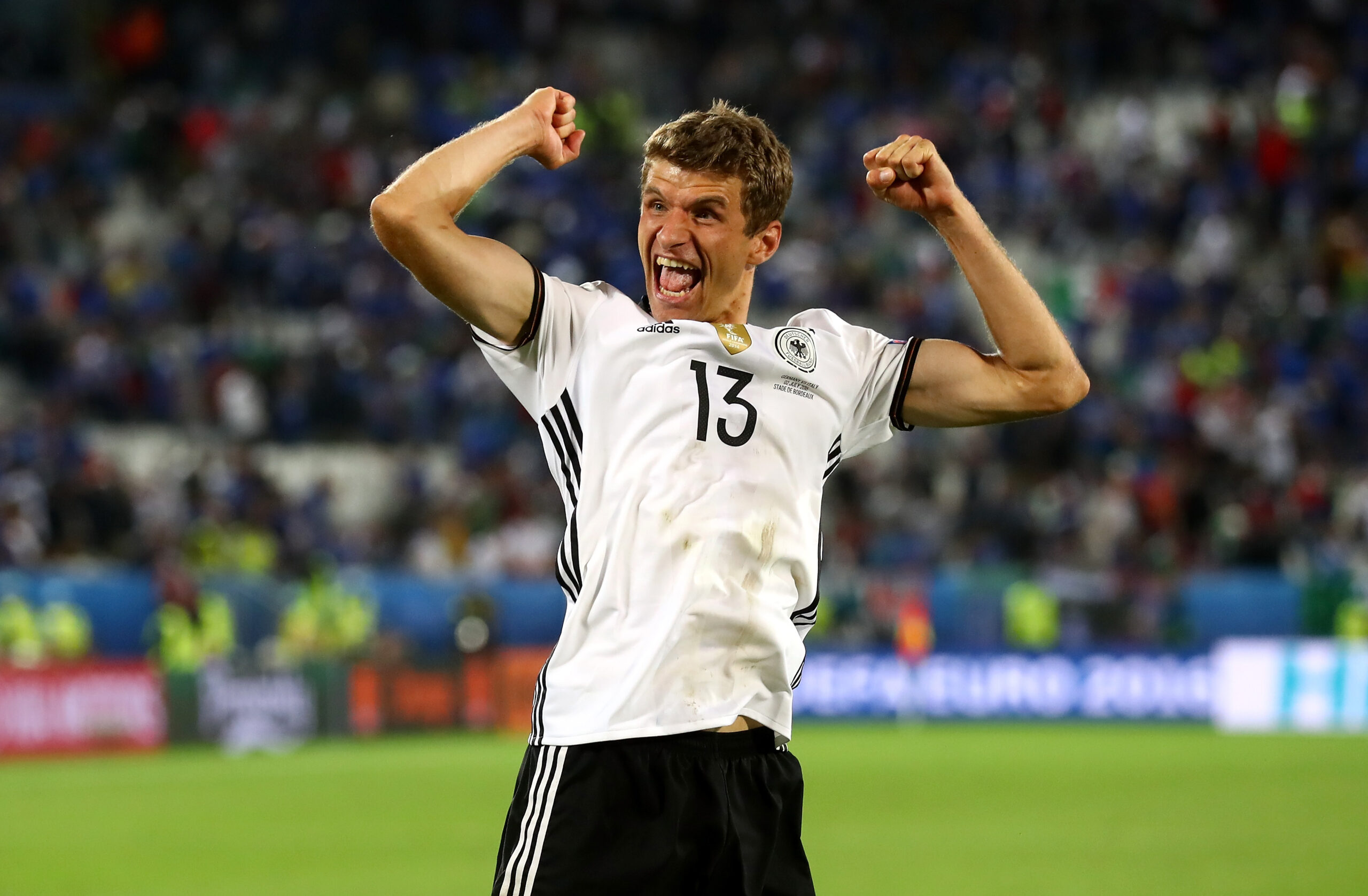 BORDEAUX, FRANCE - JULY 02: Thomas Mueller of Germany celebrates his team's win through the penalty shootout during the UEFA EURO 2016 quarter final match between Germany and Italy at Stade Matmut Atlantique on July 2, 2016 in Bordeaux, France. (Photo by Alexander Hassenstein/Getty Images)