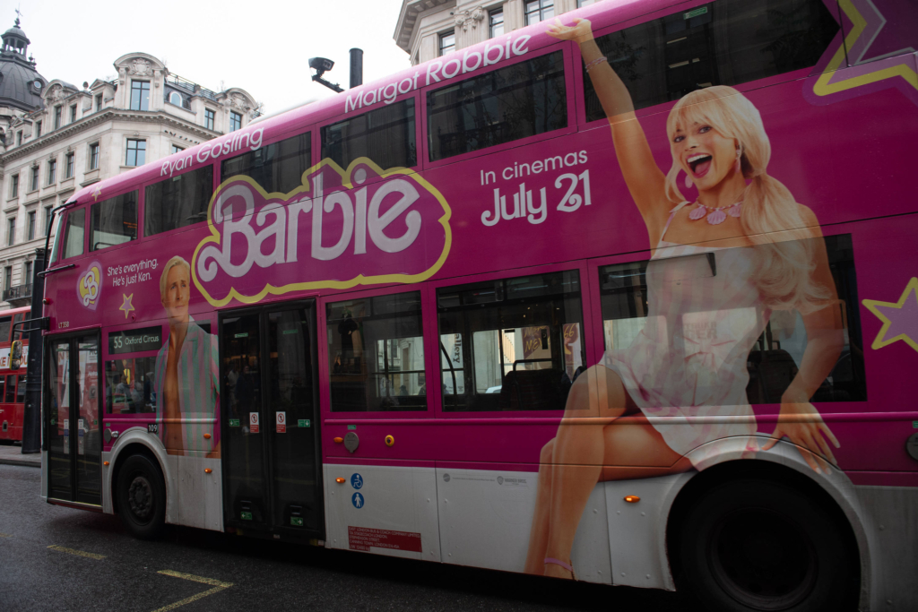 Barbie Movie Black Cab/Bus Advertising – Tuesday 8 August – Oxford Street, London A general view of a London double deck