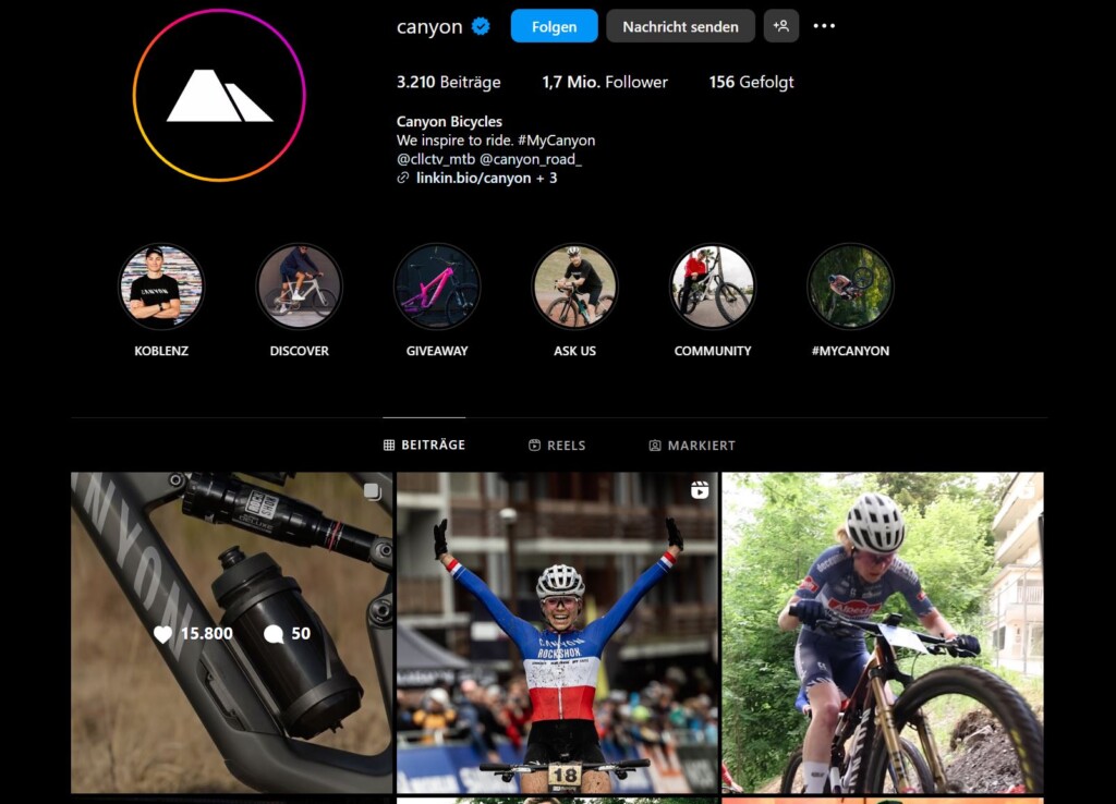 Auf Instagram hat Canyon über 1,7 Mio. Abonnent*innen. (© Screenshot Instagram/canyon)