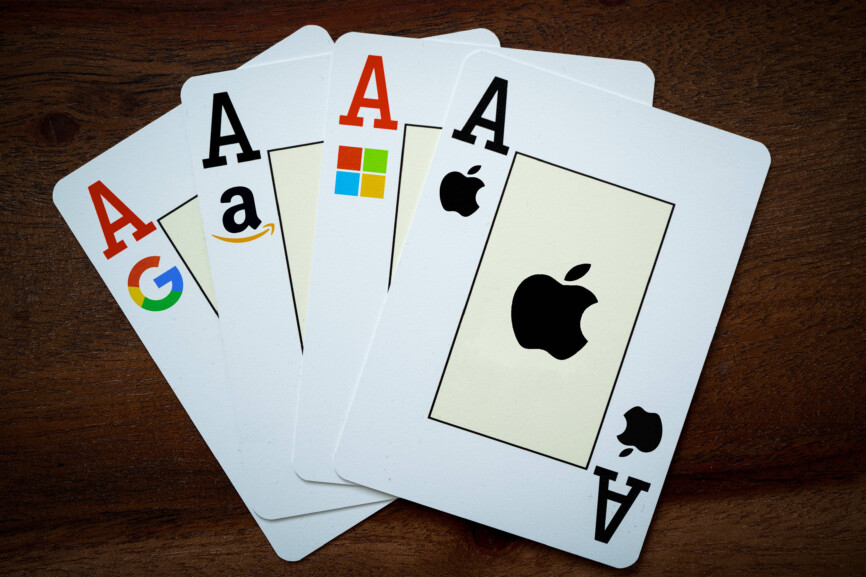 American Big Tech Companies for information technology – printet on cards American Big Tech Companies for information te