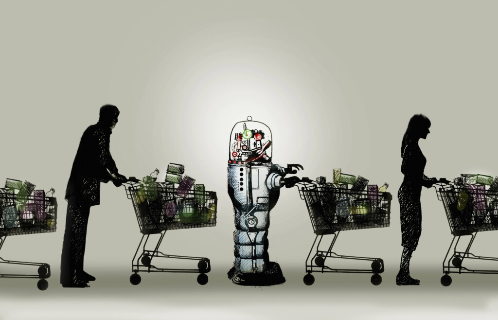 Roboter mit Einkaufswagen in der Supermarktwarteschlange *** Robot with shopping trolley in the supermarket queue PUBLICATIONxINxGERxSUIxAUTxONLY Copyright: xGaryxWatersx 11591893