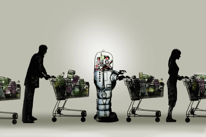 Roboter mit Einkaufswagen in der Supermarktwarteschlange *** Robot with shopping trolley in the supermarket queue PUBLICATIONxINxGERxSUIxAUTxONLY Copyright: xGaryxWatersx 11591893