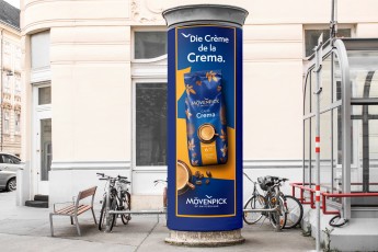 Mövenpick setzt auf prominente Außenwerbung und Wortspiele, die im Kopf bleiben.