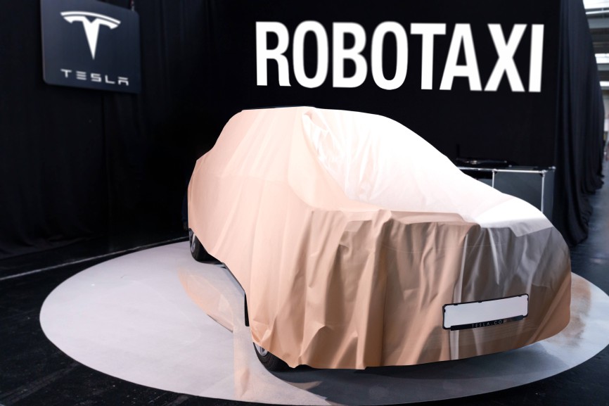 October 9, 2024: A concealed Tesla vehicle presented as a Robotaxi. Symbolic image of the presentation of the Tesla Robo