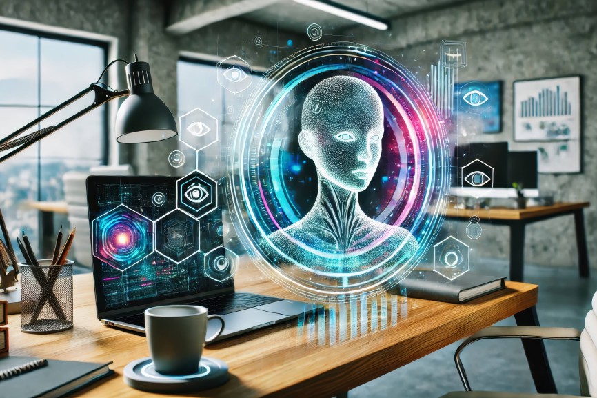 Eine futuristische Szene, die einen holografischen KI-Assistenten zeigt, der aktiv bei Aufgaben in einem modernen Arbeit