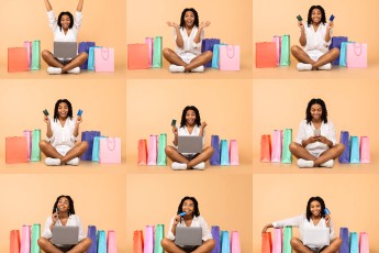 Enthusiastic shoppers celebrate black Friday sales with vibrant shopping bags