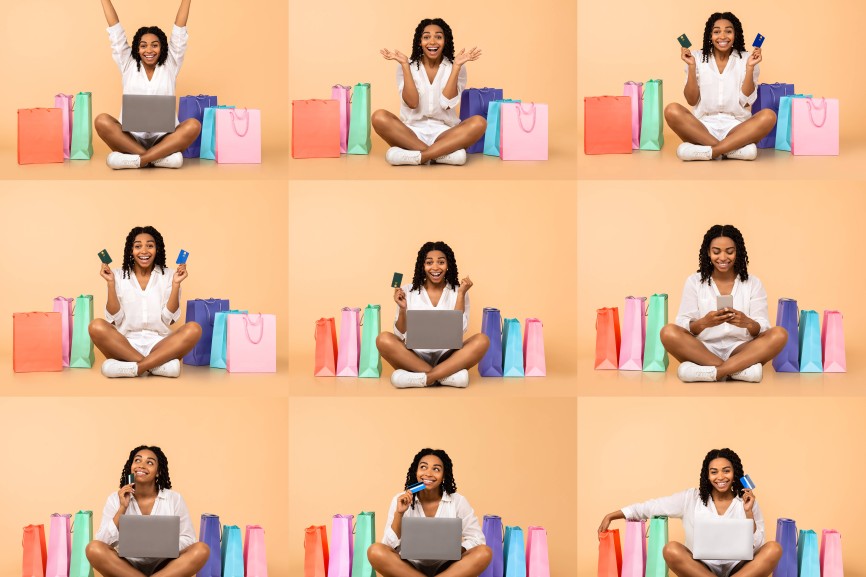 Enthusiastic shoppers celebrate black Friday sales with vibrant shopping bags