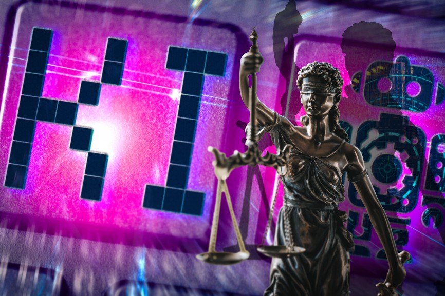 Bavaria, Germany – June 18, 2025: PHOTOMONTAGE, Justitia in front of luminous AI lettering and digital symbols symbolize