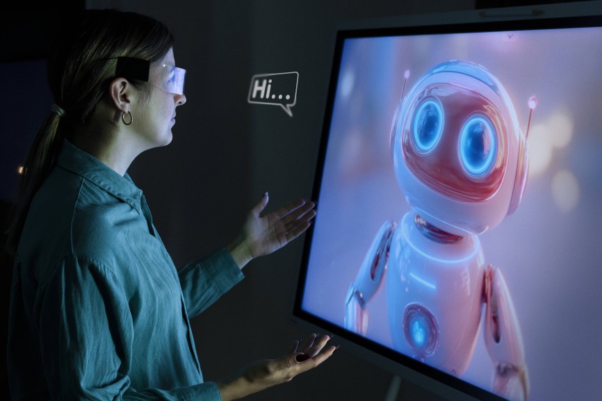 Woman communicating with AI chatbot using digital screen technology model released, Symbolfoto property released, UUF35681