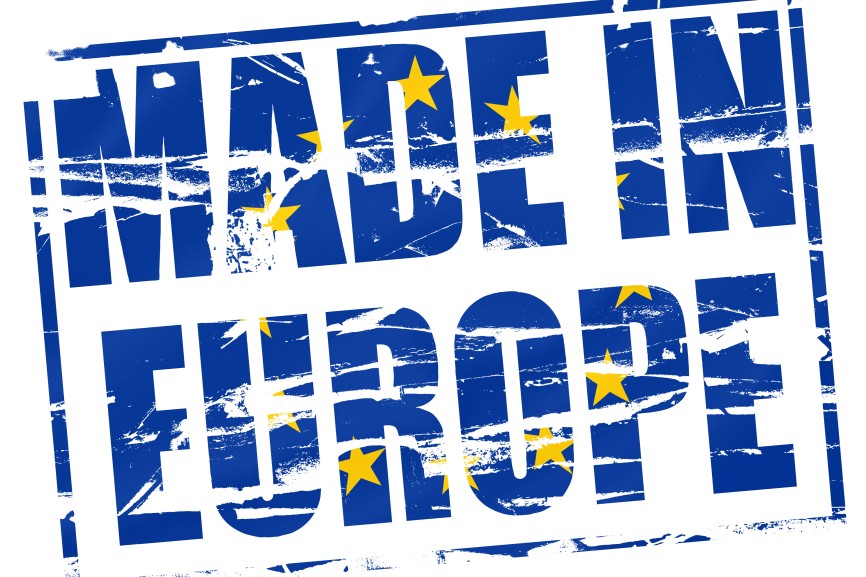 Digital composite Made in Europe with an overlay of the EU flag. With a trade war a constant threat with the US under the Trump regime more and more consumers in Europe are looking at local alternatives for products from America. grassroots, boycott, buy, buying, pride, rubber, stamp, effect,