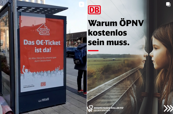 Mit diesen falschen Plakaten werben die Aktivisten für kostenlose Bahnfahrten, die es gar nicht gibt.